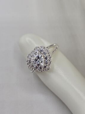 Swarovski Crystal Elements Silver Heart Ring Clear Size 7 Halo Design Bridal